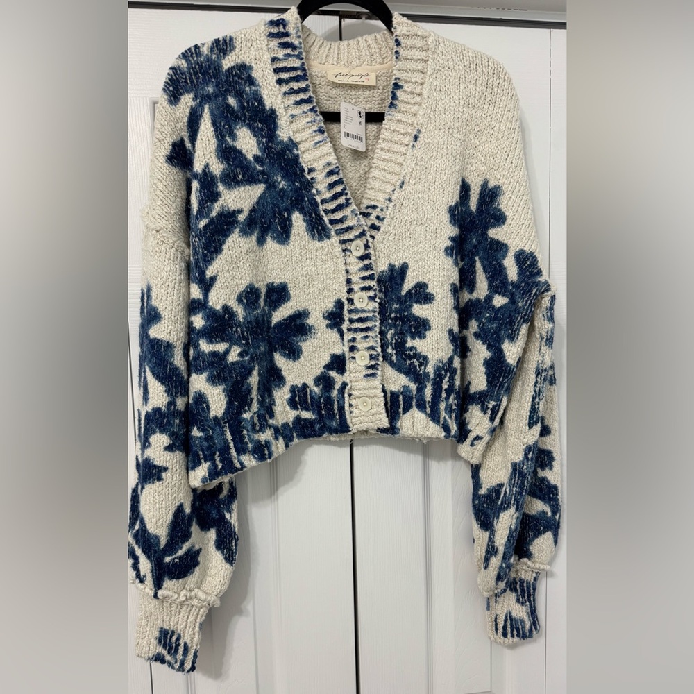 Free People Cream and Blue Textured Sweater